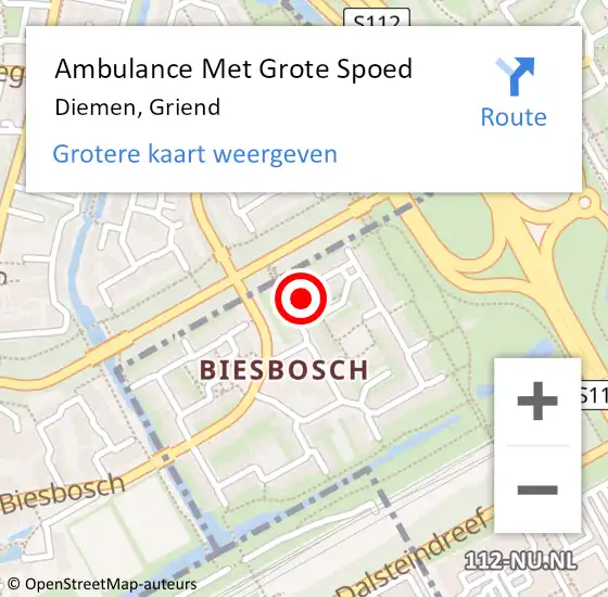 Locatie op kaart van de 112 melding: Ambulance Met Grote Spoed Naar Diemen, Griend op 2 juli 2024 03:17