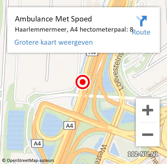 Locatie op kaart van de 112 melding: Ambulance Met Spoed Naar Haarlemmermeer, A4 hectometerpaal: 8 op 2 juli 2024 04:47