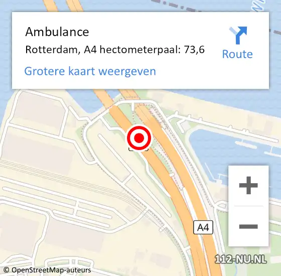 Locatie op kaart van de 112 melding: Ambulance Rotterdam, A4 hectometerpaal: 73,6 op 2 juli 2024 09:08
