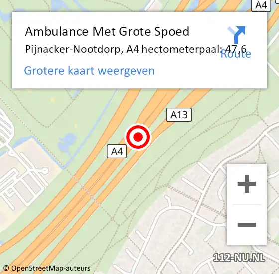 Locatie op kaart van de 112 melding: Ambulance Met Grote Spoed Naar Pijnacker-Nootdorp, A4 hectometerpaal: 47,6 op 2 juli 2024 09:21