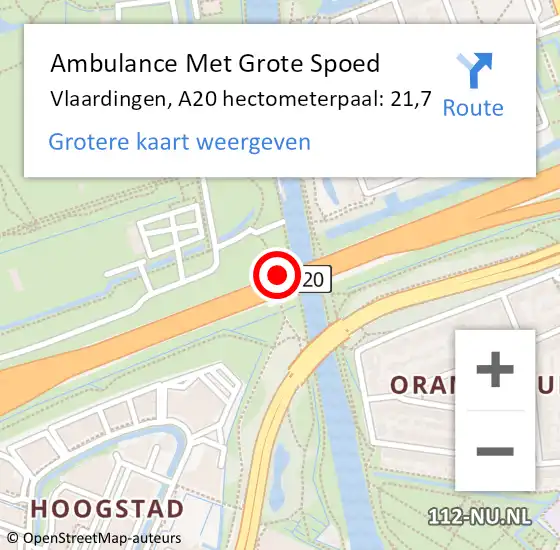 Locatie op kaart van de 112 melding: Ambulance Met Grote Spoed Naar Vlaardingen, A20 hectometerpaal: 21,7 op 2 juli 2024 09:56