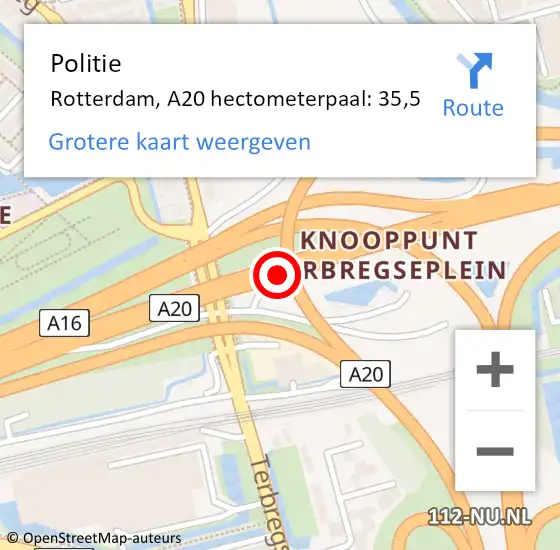 Locatie op kaart van de 112 melding: Politie Rotterdam, A20 hectometerpaal: 35,5 op 2 juli 2024 11:25