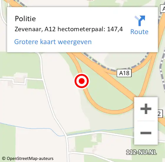 Locatie op kaart van de 112 melding: Politie Zevenaar, A12 hectometerpaal: 147,4 op 2 juli 2024 12:32