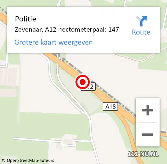 Locatie op kaart van de 112 melding: Politie Zevenaar, A12 hectometerpaal: 147 op 2 juli 2024 12:36
