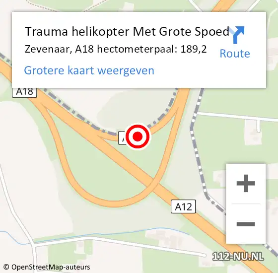 Locatie op kaart van de 112 melding: Trauma helikopter Met Grote Spoed Naar Zevenaar, A18 hectometerpaal: 189,2 op 2 juli 2024 12:41