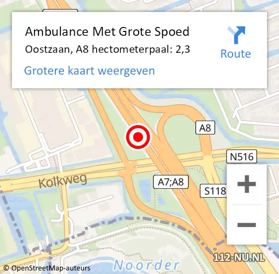 Locatie op kaart van de 112 melding: Ambulance Met Grote Spoed Naar Oostzaan, A8 hectometerpaal: 2,3 op 2 juli 2024 14:06