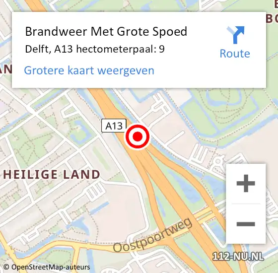 Locatie op kaart van de 112 melding: Brandweer Met Grote Spoed Naar Delft, A13 hectometerpaal: 9 op 2 juli 2024 14:19