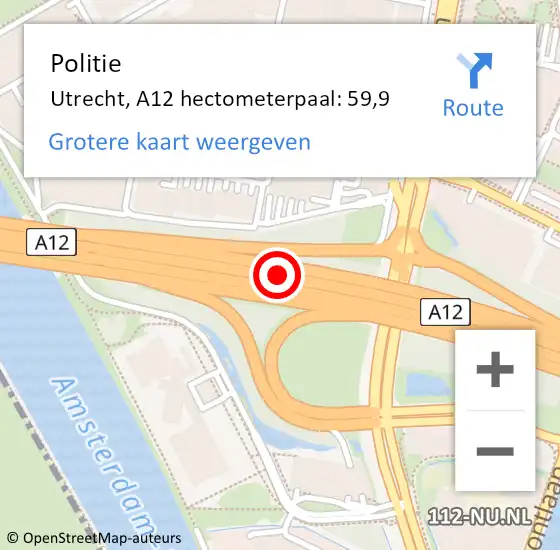 Locatie op kaart van de 112 melding: Politie Utrecht, A12 hectometerpaal: 59,9 op 2 juli 2024 14:38