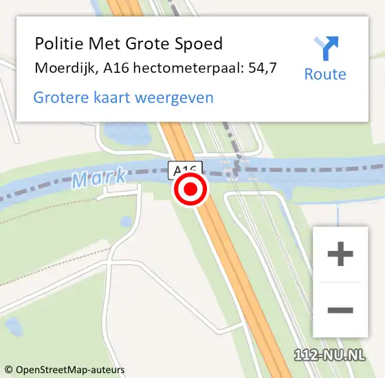 Locatie op kaart van de 112 melding: Politie Met Grote Spoed Naar Moerdijk, A16 hectometerpaal: 54,7 op 2 juli 2024 15:08