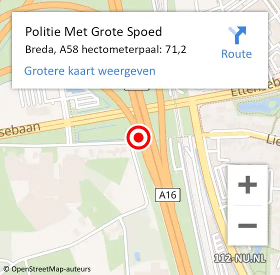 Locatie op kaart van de 112 melding: Politie Met Grote Spoed Naar Breda, A58 hectometerpaal: 71,2 op 2 juli 2024 16:32