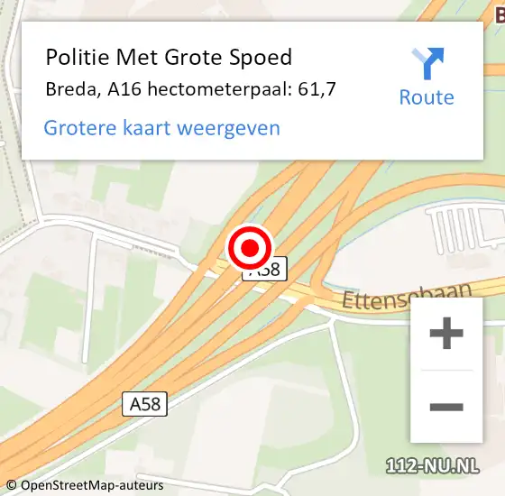 Locatie op kaart van de 112 melding: Politie Met Grote Spoed Naar Breda, A16 hectometerpaal: 61,7 op 2 juli 2024 16:34