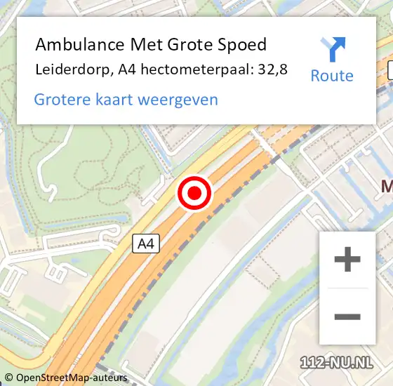 Locatie op kaart van de 112 melding: Ambulance Met Grote Spoed Naar Leiderdorp, A4 hectometerpaal: 32,8 op 2 juli 2024 17:03