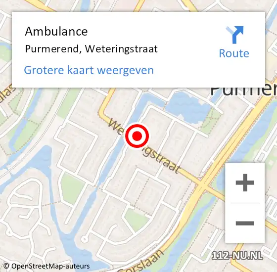 Locatie op kaart van de 112 melding: Ambulance Purmerend, Weteringstraat op 2 juli 2024 19:14