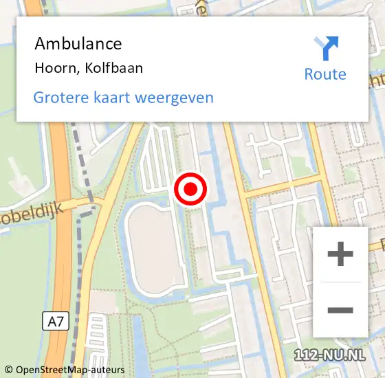 Locatie op kaart van de 112 melding: Ambulance Hoorn, Kolfbaan op 2 juli 2024 20:48