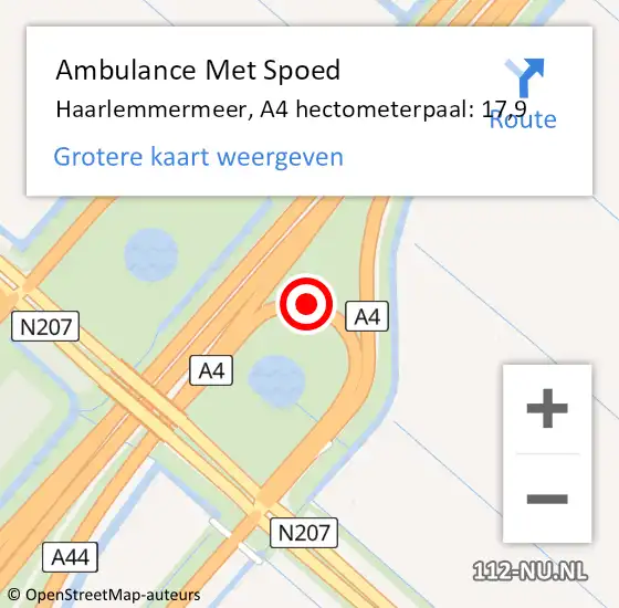 Locatie op kaart van de 112 melding: Ambulance Met Spoed Naar Haarlemmermeer, A4 hectometerpaal: 17,9 op 2 juli 2024 23:08