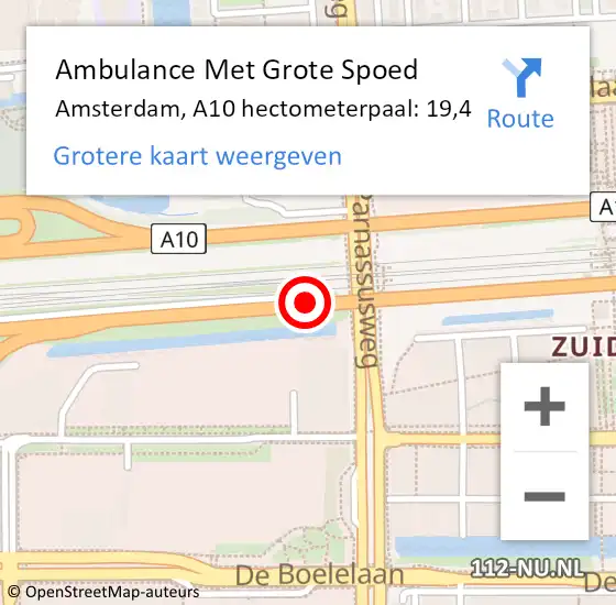 Locatie op kaart van de 112 melding: Ambulance Met Grote Spoed Naar Amsterdam, A10 hectometerpaal: 19,4 op 2 juli 2024 23:20