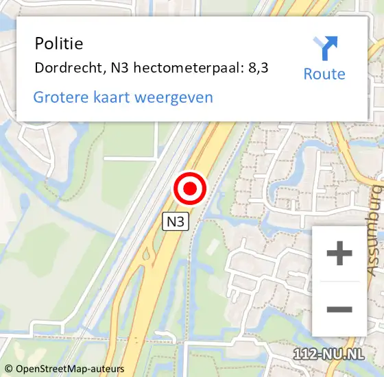 Locatie op kaart van de 112 melding: Politie Dordrecht, N3 hectometerpaal: 8,3 op 3 juli 2024 00:51