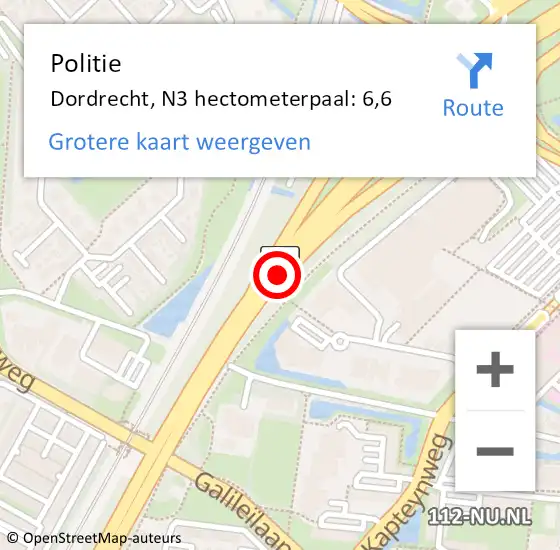 Locatie op kaart van de 112 melding: Politie Dordrecht, N3 hectometerpaal: 6,6 op 3 juli 2024 01:36