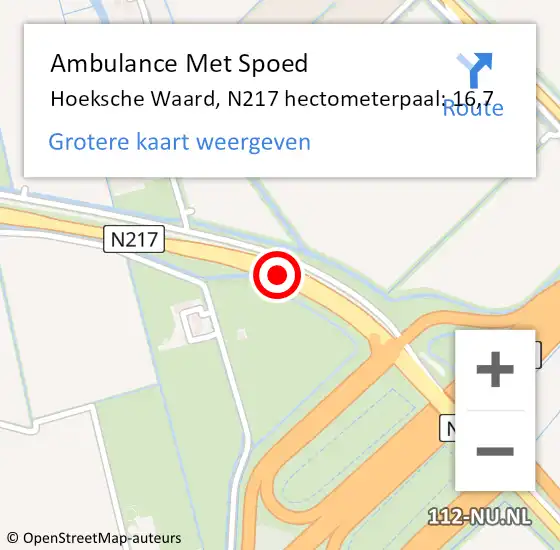 Locatie op kaart van de 112 melding: Ambulance Met Spoed Naar Hoeksche Waard, N217 hectometerpaal: 16,7 op 3 juli 2024 01:46