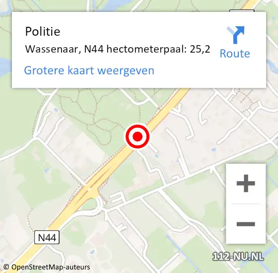 Locatie op kaart van de 112 melding: Politie Wassenaar, N44 hectometerpaal: 25,2 op 3 juli 2024 01:59