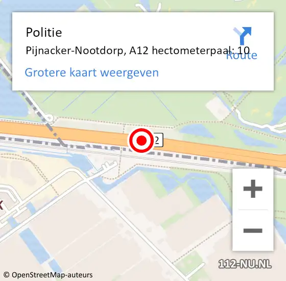 Locatie op kaart van de 112 melding: Politie Pijnacker-Nootdorp, A12 hectometerpaal: 10 op 3 juli 2024 08:50