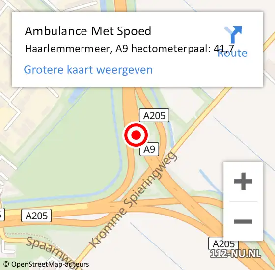 Locatie op kaart van de 112 melding: Ambulance Met Spoed Naar Haarlemmermeer, A9 hectometerpaal: 41,7 op 3 juli 2024 08:58