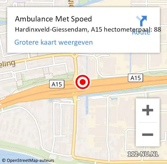 Locatie op kaart van de 112 melding: Ambulance Met Spoed Naar Hardinxveld-Giessendam, A15 hectometerpaal: 88 op 3 juli 2024 09:51