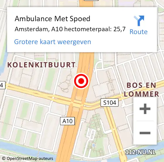 Locatie op kaart van de 112 melding: Ambulance Met Spoed Naar Amsterdam, A10 hectometerpaal: 25,7 op 3 juli 2024 09:59