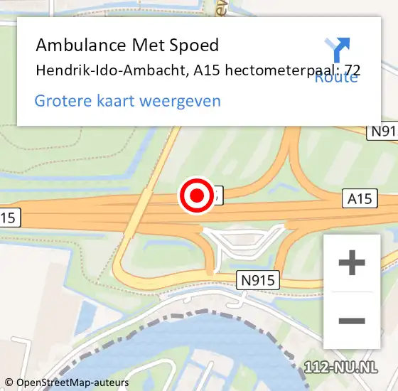 Locatie op kaart van de 112 melding: Ambulance Met Spoed Naar Hendrik-Ido-Ambacht, A15 hectometerpaal: 72 op 3 juli 2024 10:19