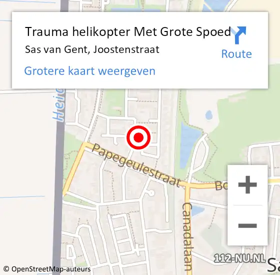Locatie op kaart van de 112 melding: Trauma helikopter Met Grote Spoed Naar Sas van Gent, Joostenstraat op 3 juli 2024 10:44
