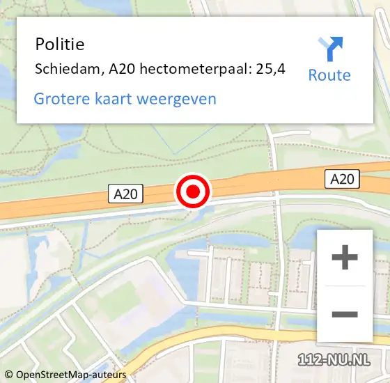 Locatie op kaart van de 112 melding: Politie Schiedam, A20 hectometerpaal: 25,4 op 3 juli 2024 11:15