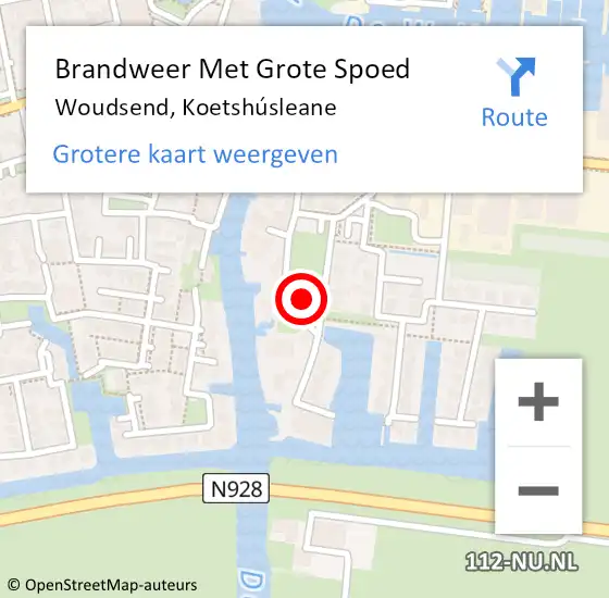 Locatie op kaart van de 112 melding: Brandweer Met Grote Spoed Naar Woudsend, Koetshúsleane op 3 juli 2024 11:56