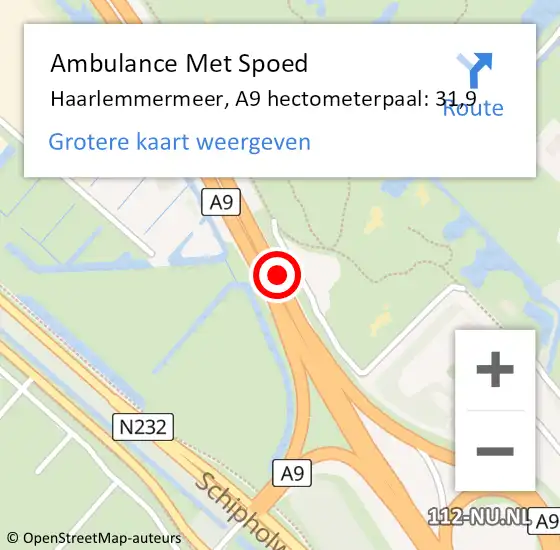Locatie op kaart van de 112 melding: Ambulance Met Spoed Naar Haarlemmermeer, A9 hectometerpaal: 31,9 op 3 juli 2024 12:16