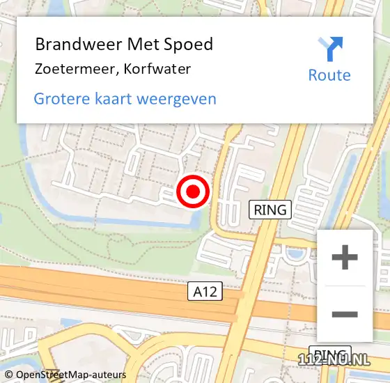 Locatie op kaart van de 112 melding: Brandweer Met Spoed Naar Zoetermeer, Korfwater op 3 juli 2024 12:17