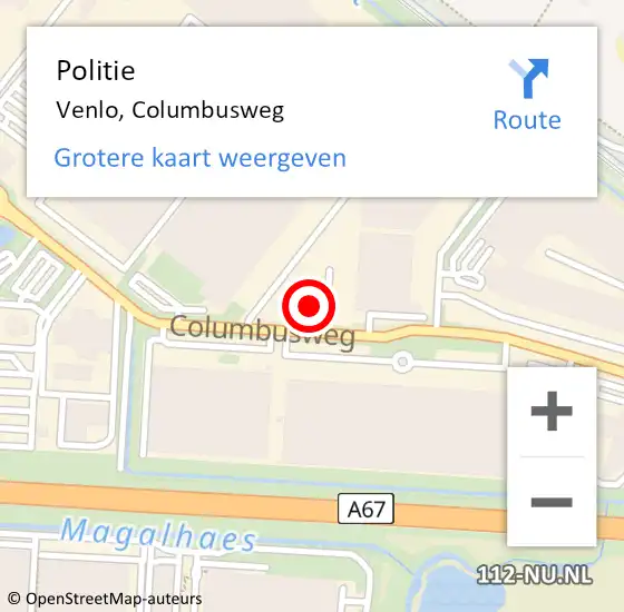 Locatie op kaart van de 112 melding: Politie Venlo, Columbusweg op 3 juli 2024 13:00