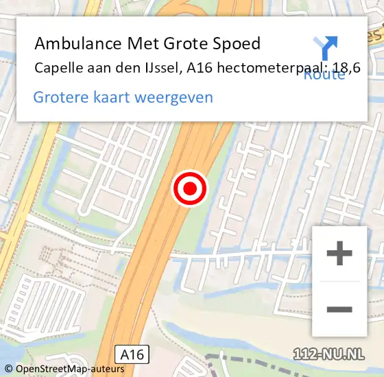 Locatie op kaart van de 112 melding: Ambulance Met Grote Spoed Naar Capelle aan den IJssel, A16 hectometerpaal: 18,6 op 3 juli 2024 13:29