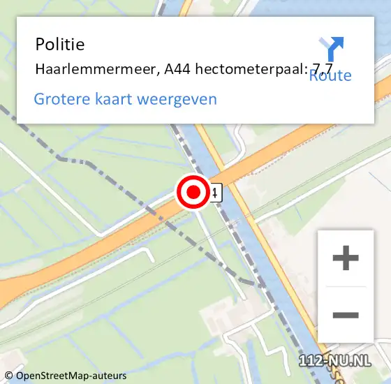 Locatie op kaart van de 112 melding: Politie Haarlemmermeer, A44 hectometerpaal: 7,7 op 3 juli 2024 13:51
