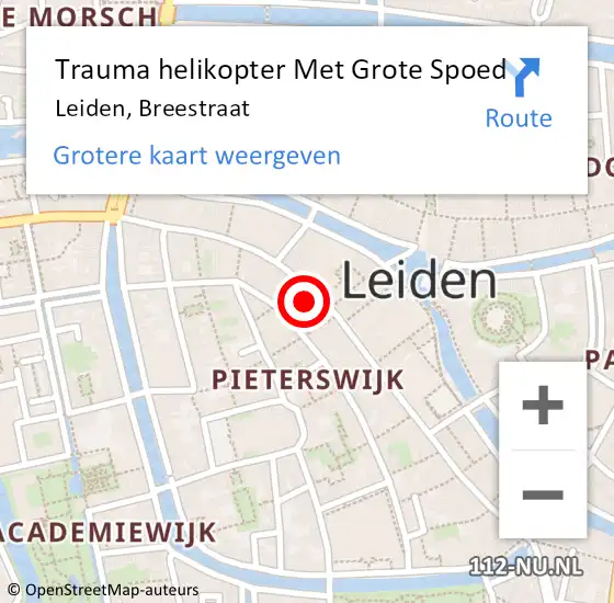 Locatie op kaart van de 112 melding: Trauma helikopter Met Grote Spoed Naar Leiden, Breestraat op 3 juli 2024 14:18