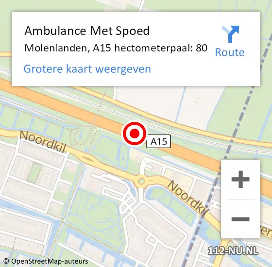 Locatie op kaart van de 112 melding: Ambulance Met Spoed Naar Molenlanden, A15 hectometerpaal: 80 op 3 juli 2024 14:32