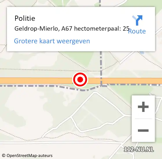 Locatie op kaart van de 112 melding: Politie Geldrop-Mierlo, A67 hectometerpaal: 25 op 3 juli 2024 15:04