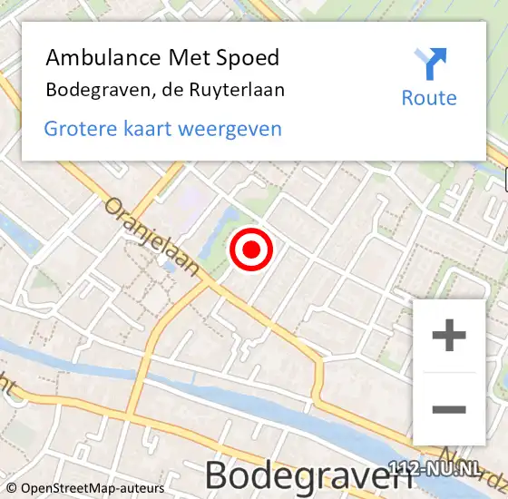 Locatie op kaart van de 112 melding: Ambulance Met Spoed Naar Bodegraven, de Ruyterlaan op 3 juli 2024 15:59