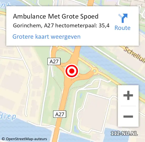 Locatie op kaart van de 112 melding: Ambulance Met Grote Spoed Naar Gorinchem, A27 hectometerpaal: 35,4 op 3 juli 2024 16:11