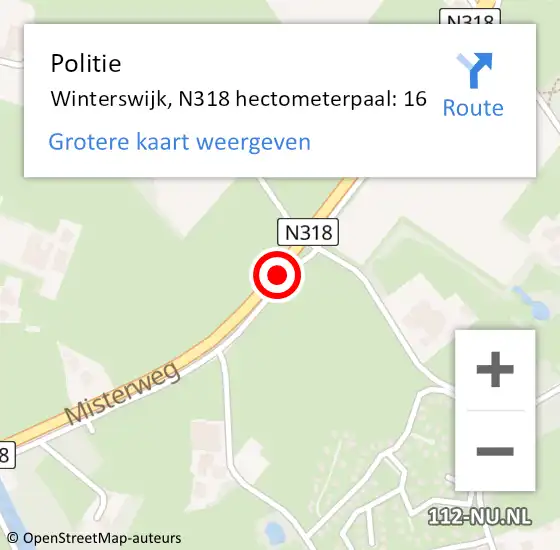 Locatie op kaart van de 112 melding: Politie Winterswijk, N318 hectometerpaal: 16 op 3 juli 2024 16:23