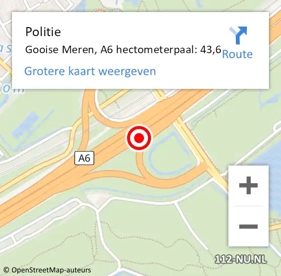 Locatie op kaart van de 112 melding: Politie Gooise Meren, A6 hectometerpaal: 43,6 op 3 juli 2024 16:26