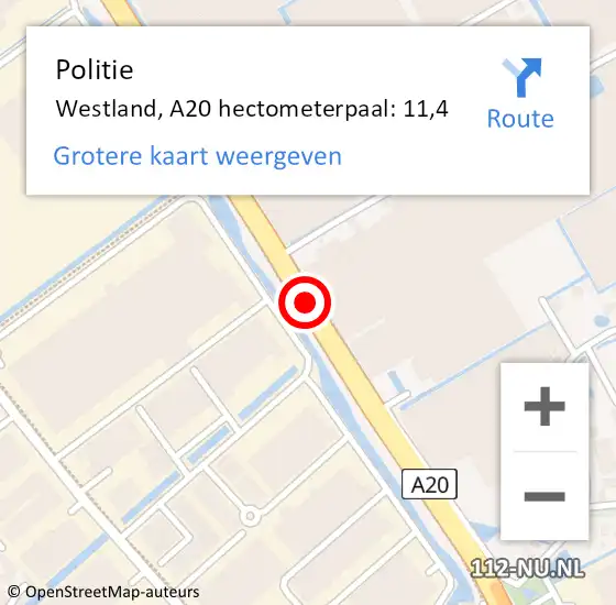 Locatie op kaart van de 112 melding: Politie Westland, A20 hectometerpaal: 11,4 op 3 juli 2024 16:36
