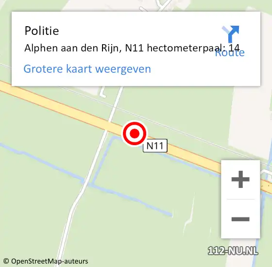 Locatie op kaart van de 112 melding: Politie Alphen aan den Rijn, N11 hectometerpaal: 14 op 3 juli 2024 16:38