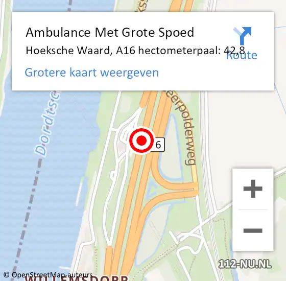 Locatie op kaart van de 112 melding: Ambulance Met Grote Spoed Naar Hoeksche Waard, A16 hectometerpaal: 42,8 op 3 juli 2024 16:44