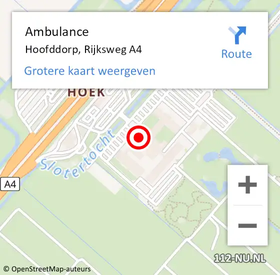 Locatie op kaart van de 112 melding: Ambulance Hoofddorp, Rijksweg A4 op 3 juli 2024 18:36