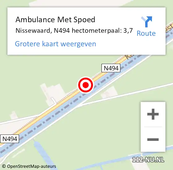 Locatie op kaart van de 112 melding: Ambulance Met Spoed Naar Nissewaard, N494 hectometerpaal: 3,7 op 3 juli 2024 21:26
