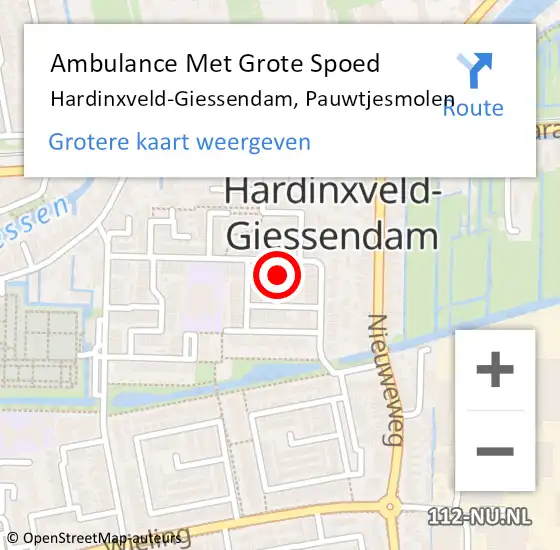 Locatie op kaart van de 112 melding: Ambulance Met Grote Spoed Naar Hardinxveld-Giessendam, Pauwtjesmolen op 4 juli 2024 00:17